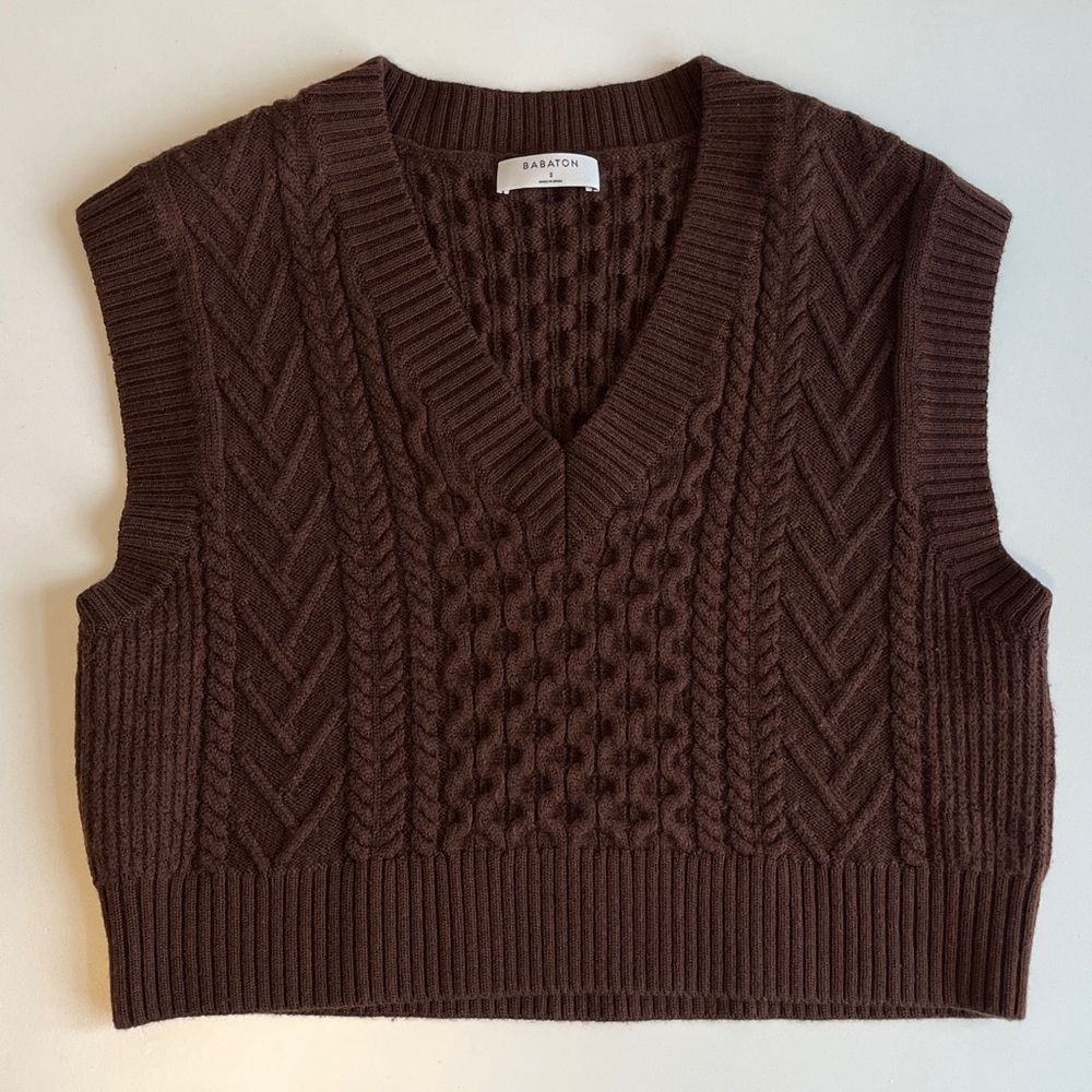 Aritzia Babaton Emporia Cable-knit 100% Merino Wool Sweater Vest Brown Small - Picture 1 of 10